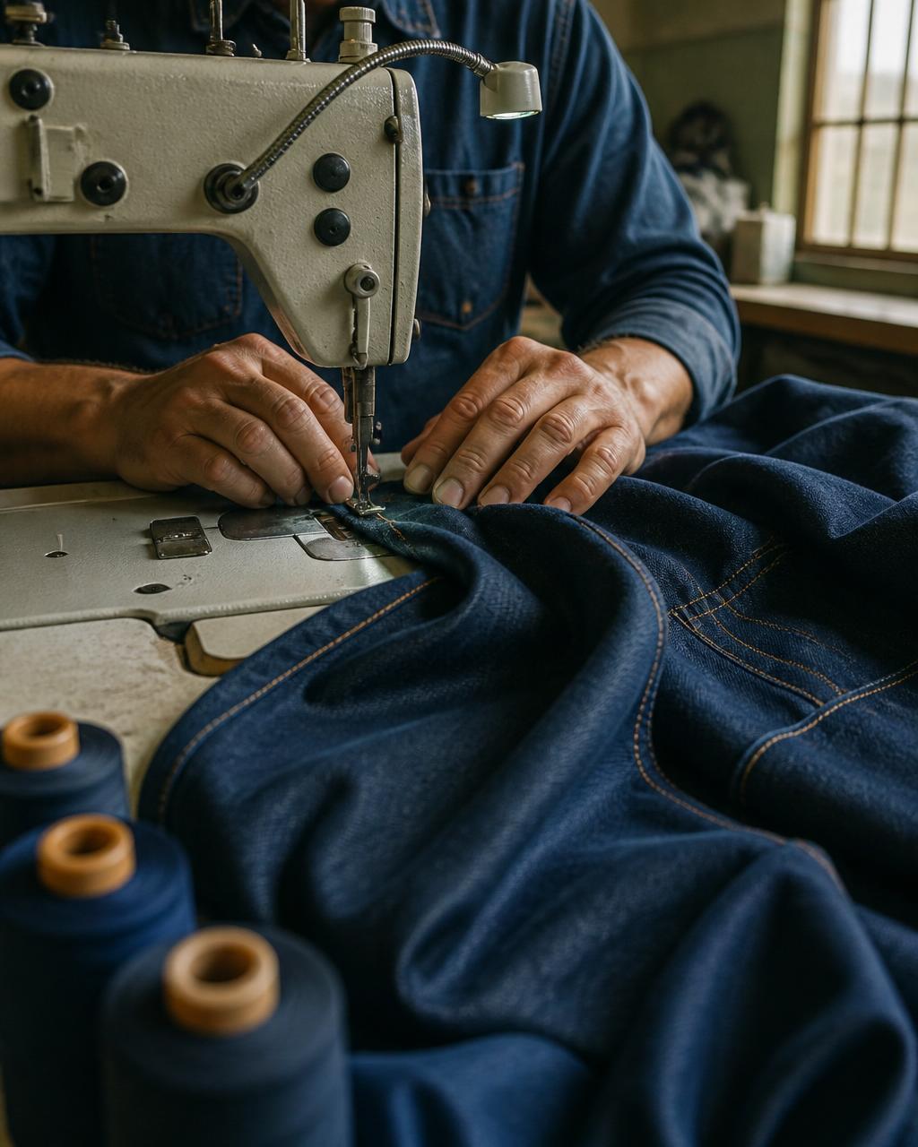 Manos adultas trabajando una prenda de denim en un taller textil.