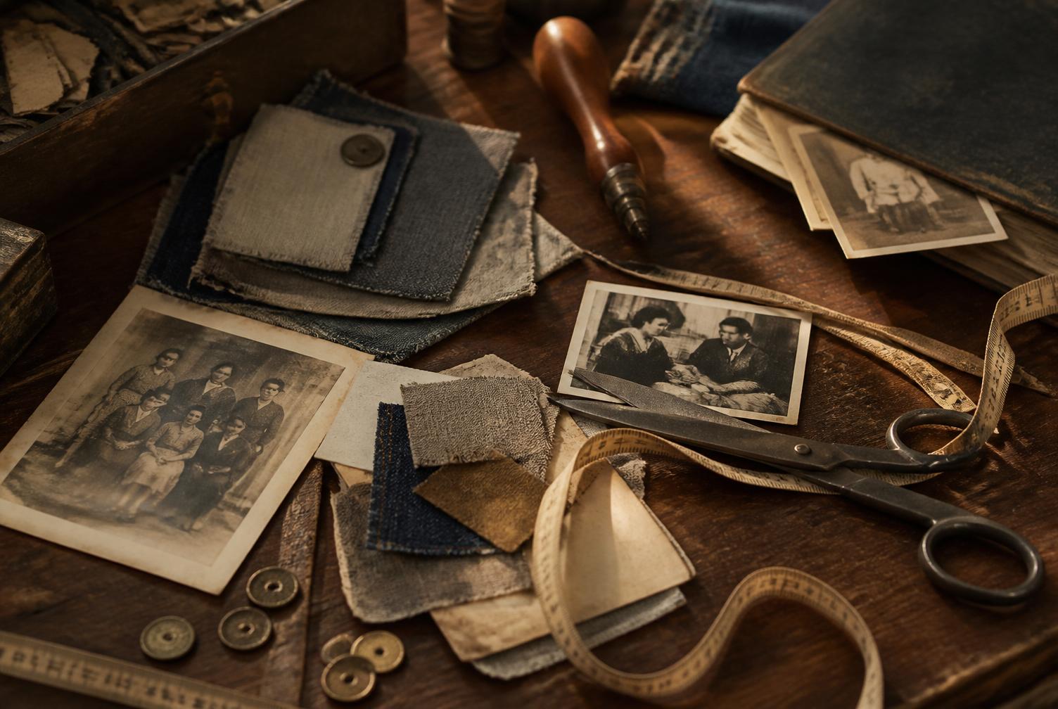 Archivo familiar: fotografías antiguas, etiquetas de denim y herramientas.